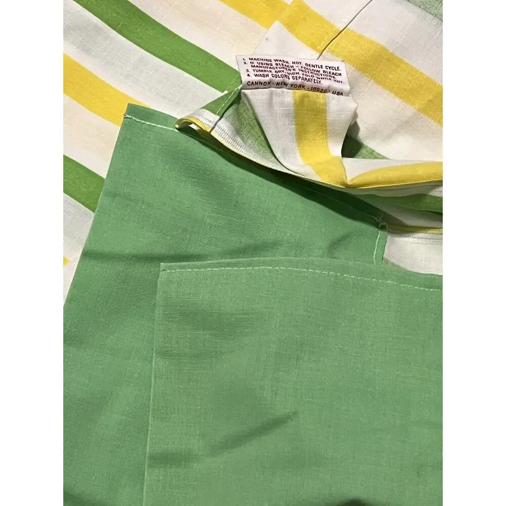 Vtg Cannon Monticello Full Flat Sheet Green Yellow Striped Retro 81”x96” EUC